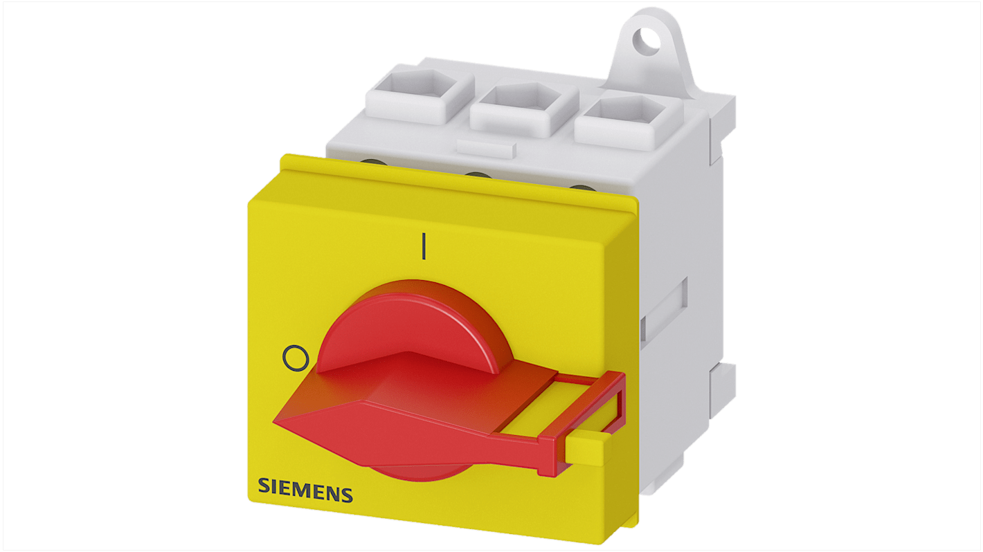 Interruttore di isolamento Siemens 3LD2230-0TK13, 3 poli, 32 A, montaggio su guida DIN, colore rosso e giallo.