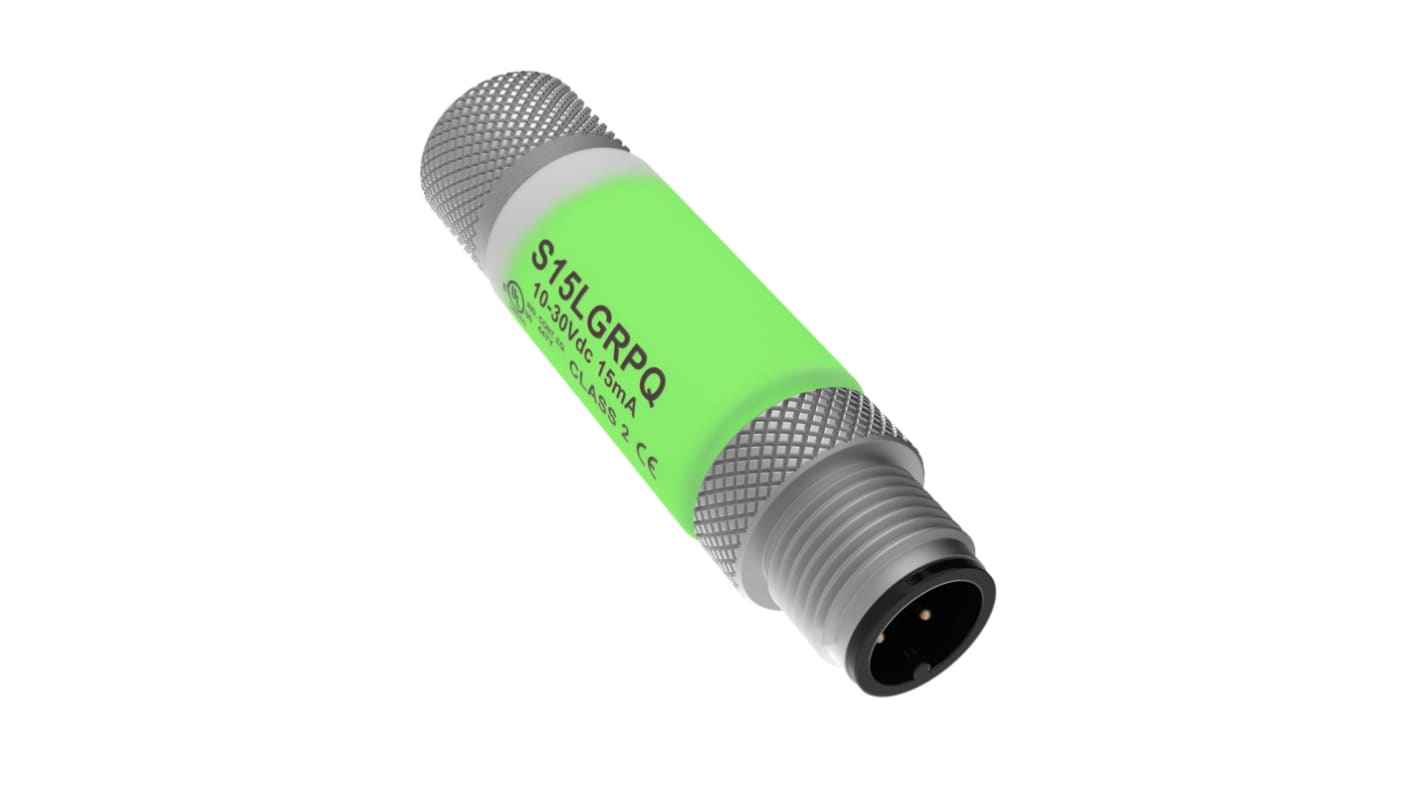 Indicatore di stato Banner S15LGRPQ, sensore a 2 colori, tensione 10-30 V c.c., grado di protezione IP67, connettore Euro a 4 pin.