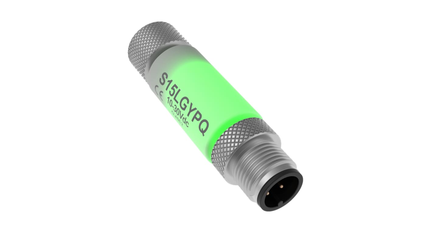 Indicatore di stato Banner S15LGYPQ, tensione 10-30 V c.c., con connettore M12, grado di protezione IP67, dimensioni 57,8 x 15 mm.