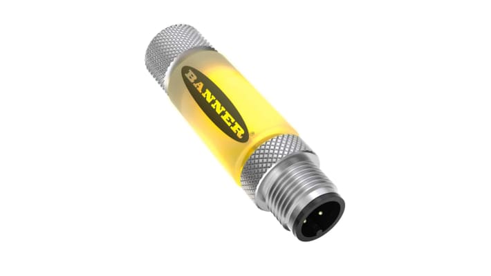 Indicatore di stato Banner S15LGYPQ, tensione 10-30 V c.c., con connettore M12, grado di protezione IP67, dimensioni 57,8 x 15 mm.