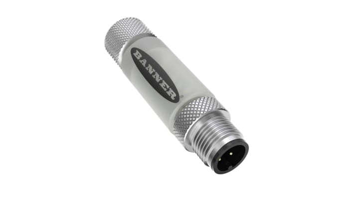 Indicatore di stato Banner S15LGYPQ, tensione 10-30 V c.c., con connettore M12, grado di protezione IP67, dimensioni 57,8 x 15 mm.