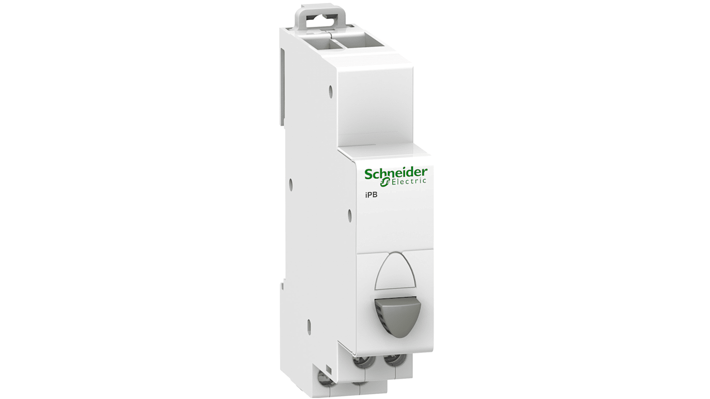Pulsante Modulare Schneider Electric A9E18032, 20A, IPB, contatto NO, terminali sfalsati, compatibile con cavi da 0.5mm² a 2x2.5mm². Soluzione per il controllo dei circuiti elettrici.