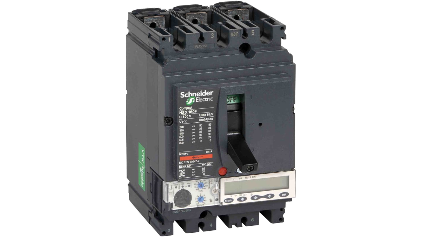Interruttore magnetotermico scatolato Schneider Electric, 3 poli, 160A, 690V, montaggio fisso, dimensioni 161x105x86mm.