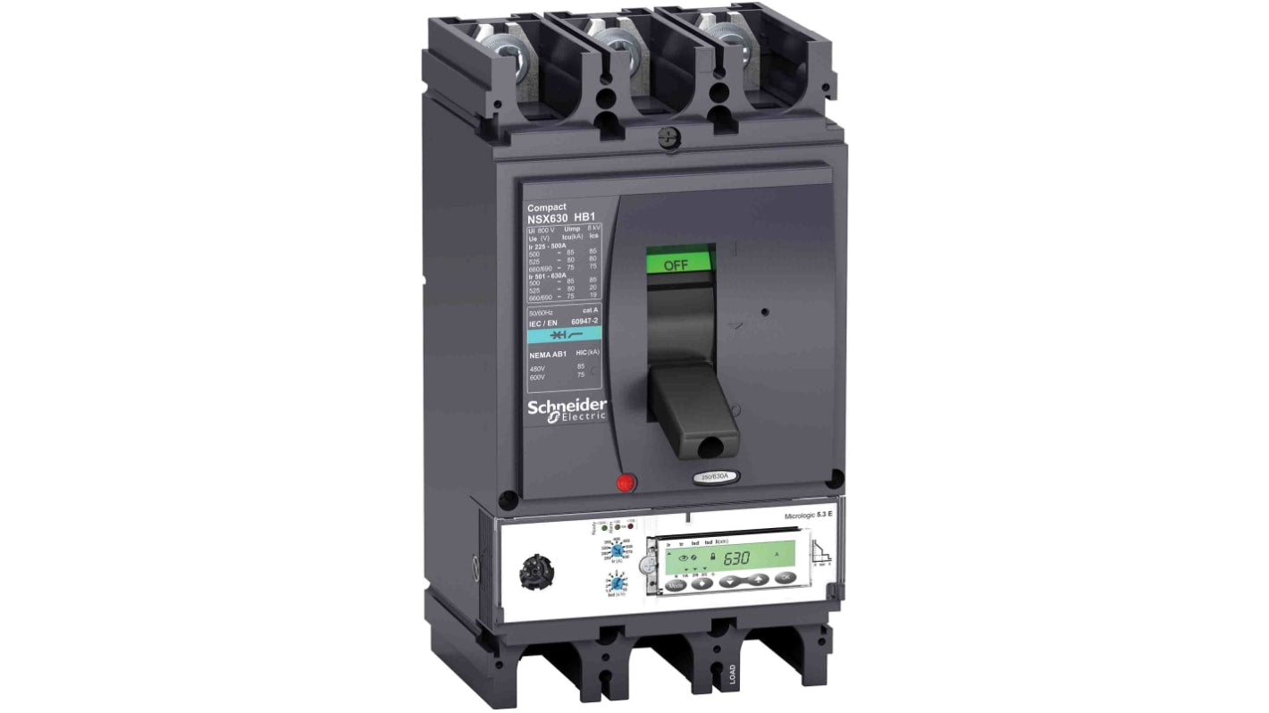 Interruttore magnetotermico scatolato Schneider Electric, 3 poli, 400A, 690V, montaggio fisso, dimensioni 140x255x110mm.