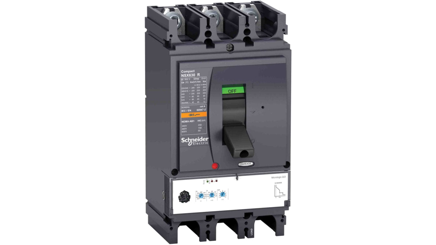 Interruttore magnetotermico scatolato Schneider Electric, 3 poli, 630A, 690V, montaggio fisso, protezione regolabile, IP40.