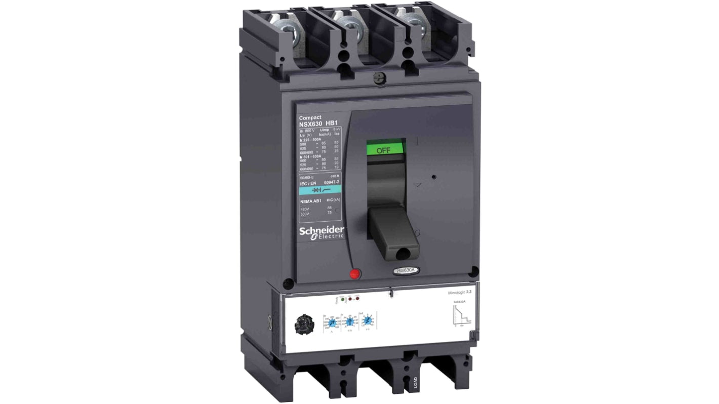 Interruttore magnetotermico scatolato Schneider Electric, 3 poli, 630A, 440V, montaggio fisso, grado di protezione IP40.