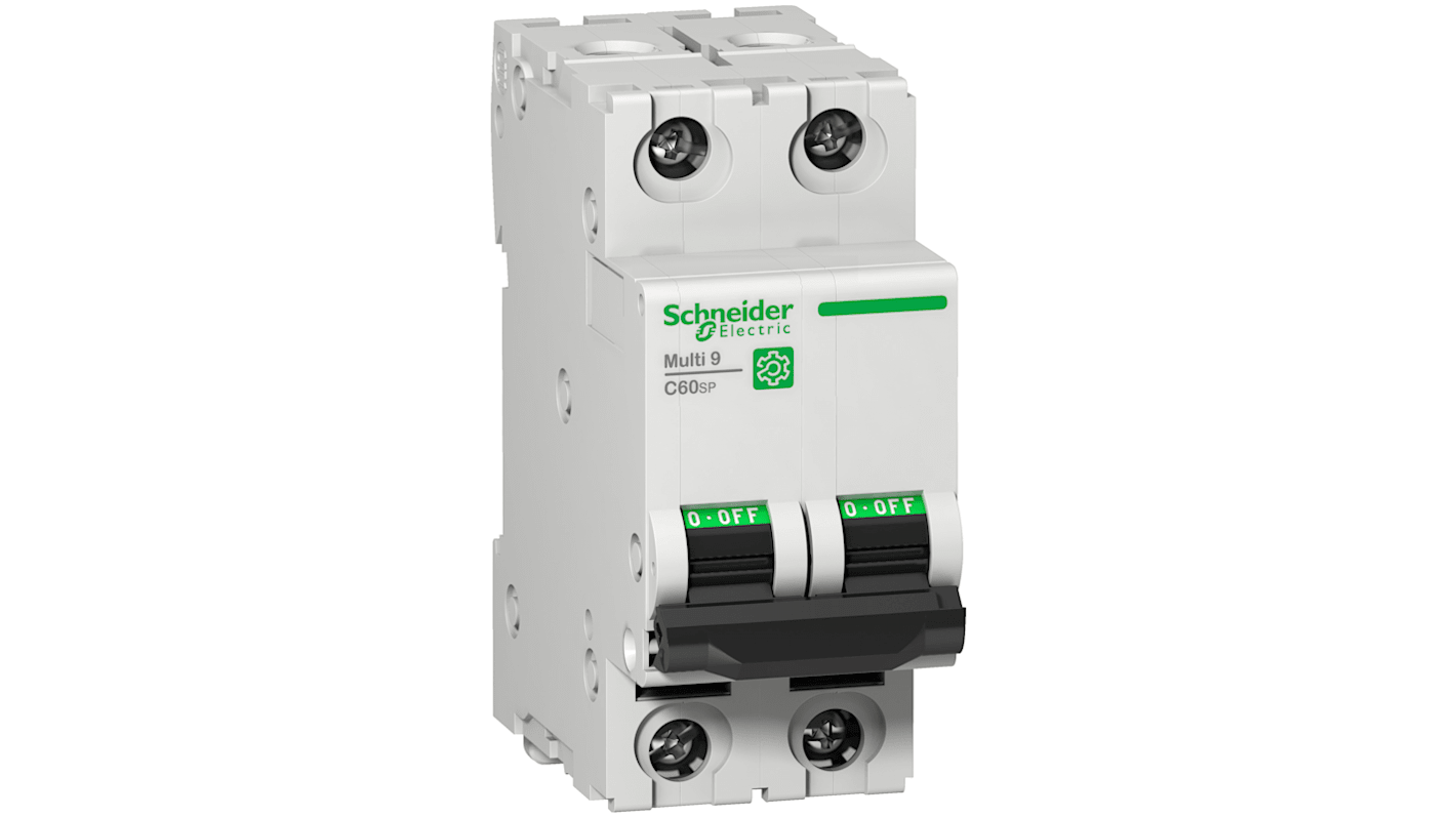 Interruttore magnetotermico Schneider Electric M9F22220 2P 20A 10kA Tipo C per protezione da cortocircuiti. Conformità EN/IEC 60947-2, durata elettrica 10.000 cicli.