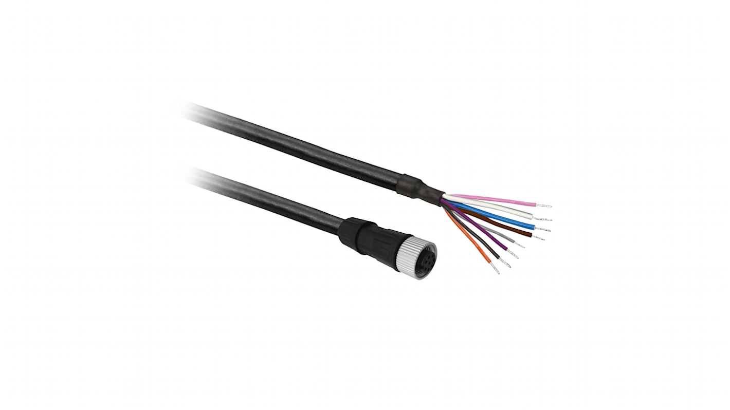 Cavo sensore/attuatore M12 femmina a 8 pin, lunghezza 20m, grado di protezione IP65/IP67/IP69K, marchio Telemecanique Sensors.