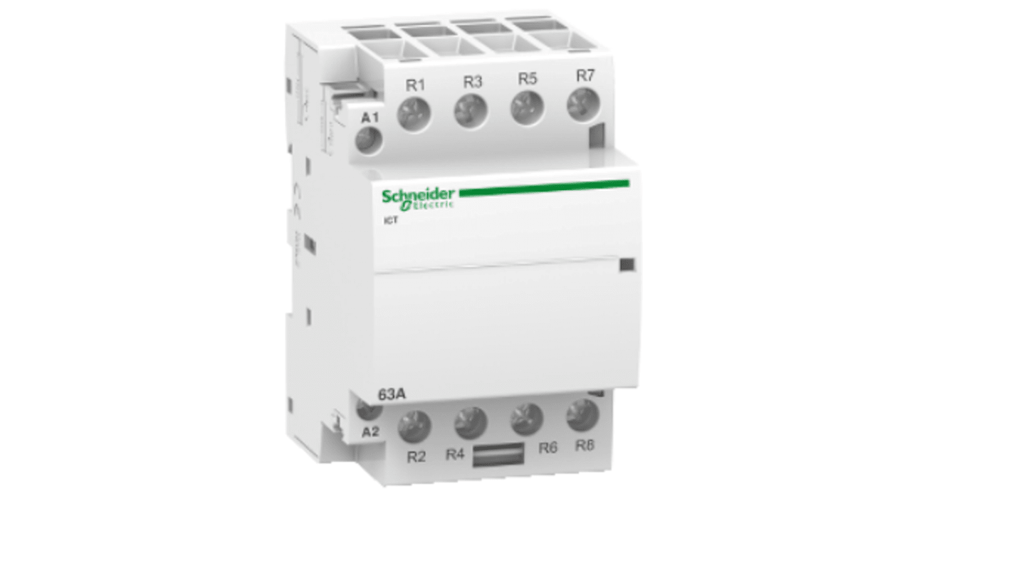 Contattore Schneider Electric A9C20167, 4 poli, 4NC, 63 A, montaggio su guida DIN, larghezza 54 mm, tensione 400 VAC.