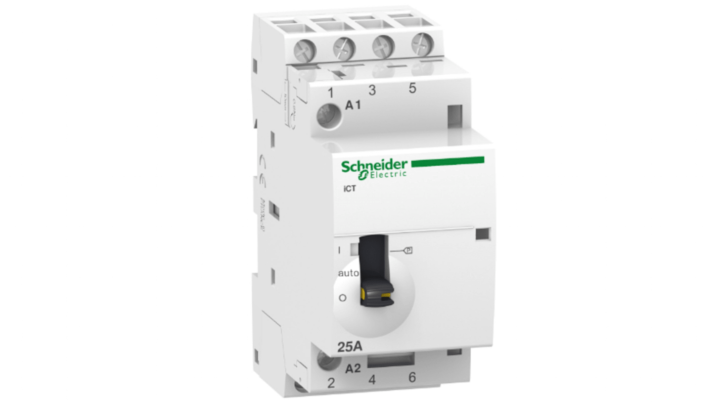 Contattore Schneider Electric A9C21134, 4 poli, 25 A, 24 V, montaggio su guida DIN, 4 contatti NA, 9 mm di larghezza.