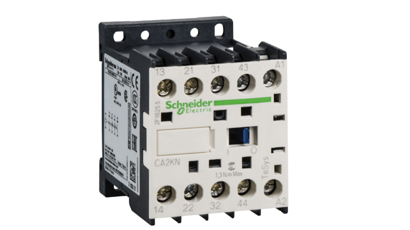 Relè di controllo Schneider Electric CA2KN22F72, 4 contatti, corrente 10 A, tensione 690 V, montaggio su guida DIN 35 mm.
