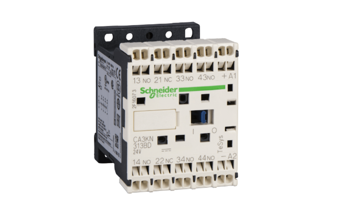 Relè di controllo Schneider Electric CA3KN223BD, 4 contatti, 10 A, 24 V c.c., montaggio su guida DIN, compatto 45 mm.