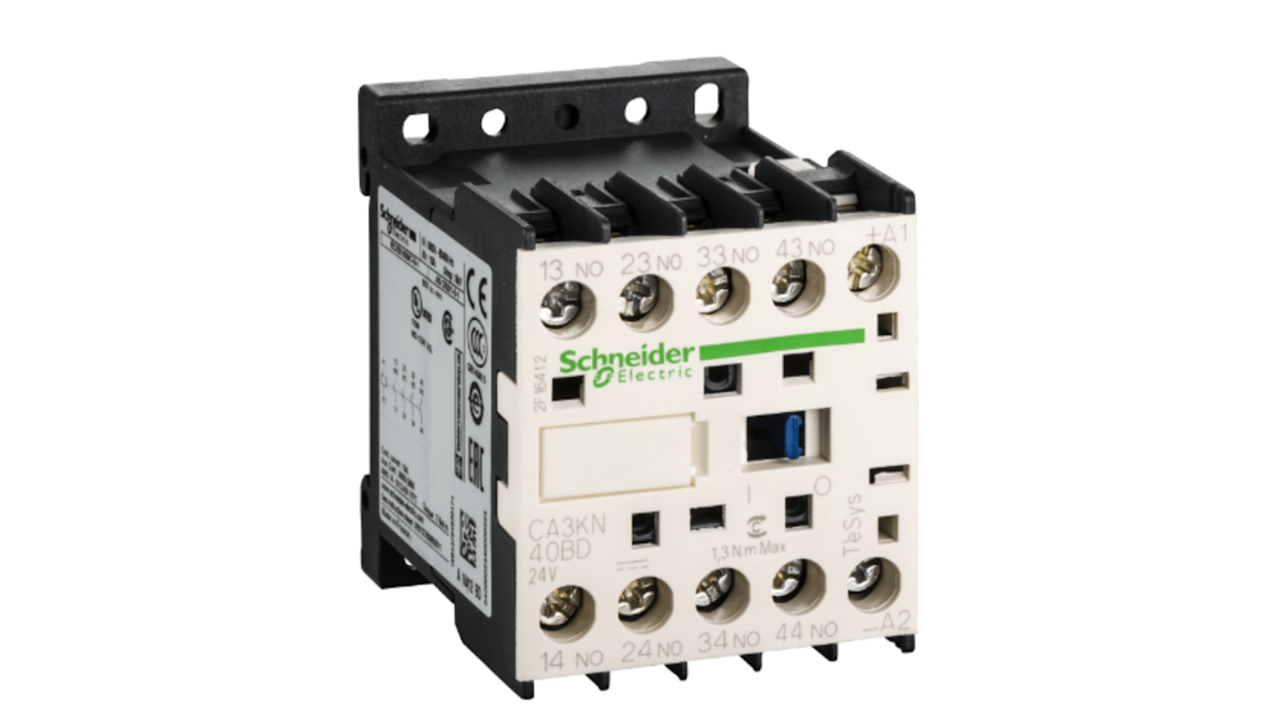 Relè di controllo Schneider Electric CA3KN22ED3, 4 contatti, corrente 10 A, tensione 48 V c.c., montaggio su guida DIN 35 mm, dimensioni 45 mm.