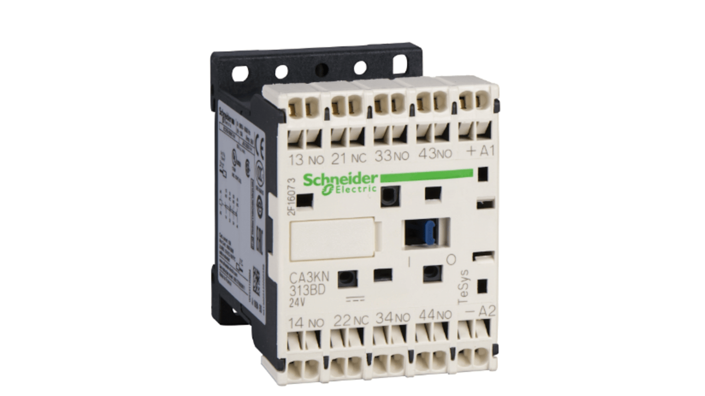 Relè di controllo Schneider Electric CA3KN313BD3, 3 contatti NA + 1 NC, corrente 10 A, tensione 24 V c.c., montaggio su guida DIN 35 mm.