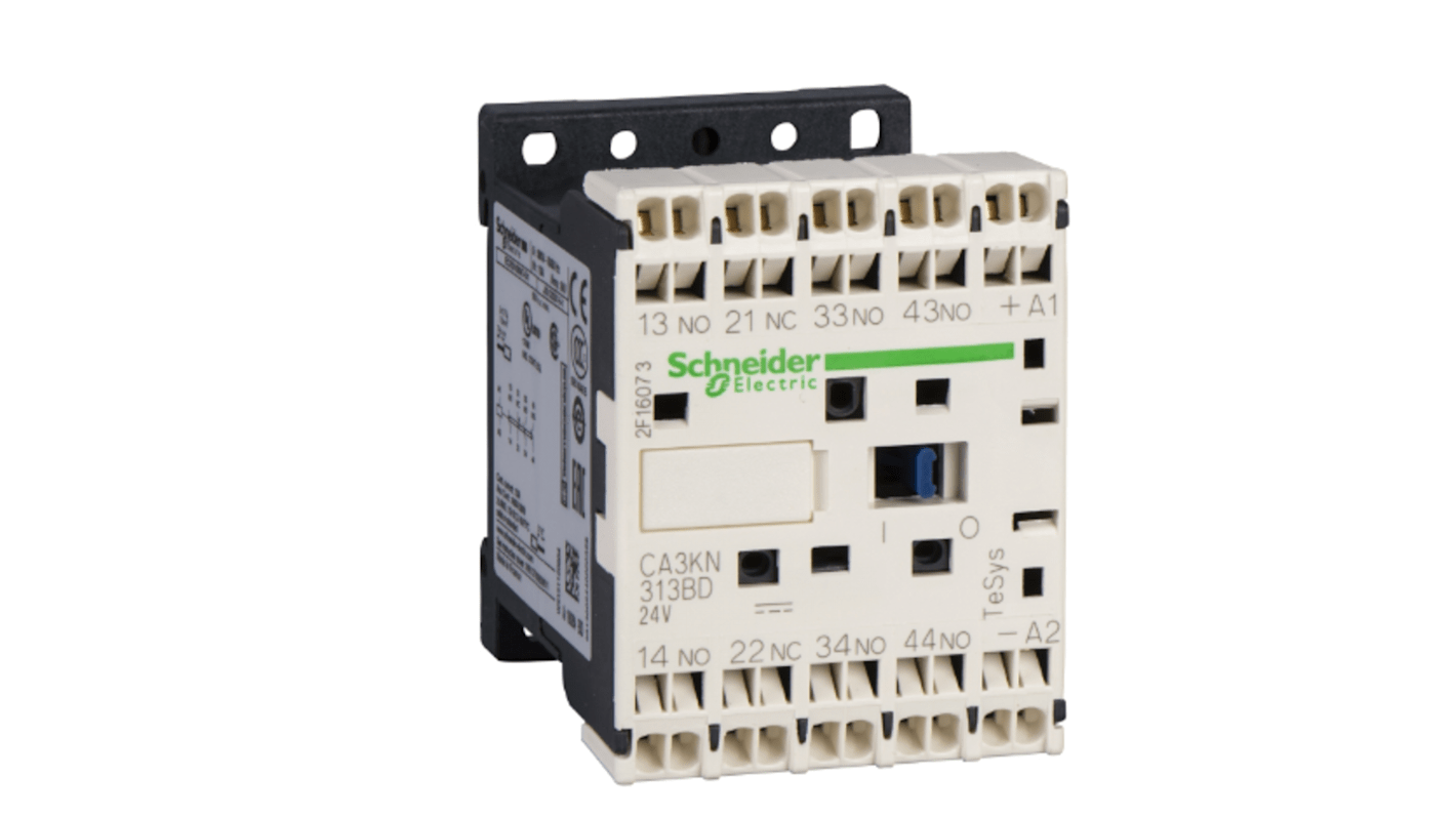 Relè di controllo Schneider Electric CA3KN403BD, 4 contatti 10 A, tensione 24 V c.c., montaggio su guida DIN, compatto 45 mm.