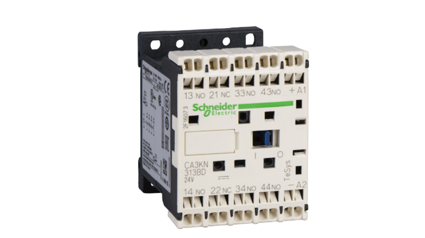 Relè di controllo Schneider Electric CA3KN403BD3, 4 contatti 10 A, tensione 24 V c.c., montaggio su guida DIN 35 mm, dimensioni 45 mm.