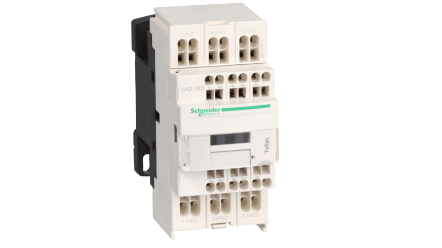 Relè di controllo Schneider Electric CAD323F7, 5 contatti (3 NA + 2 NC), montaggio su guida DIN, dimensioni 45 mm di larghezza.