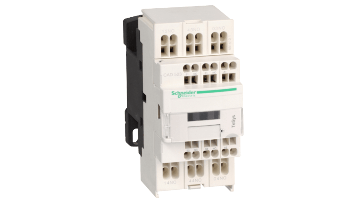 Relè di controllo Schneider Electric CAD503BD, 5 contatti NO, 10 A, 24 V c.c., montaggio su guida DIN, dimensioni 45 mm.