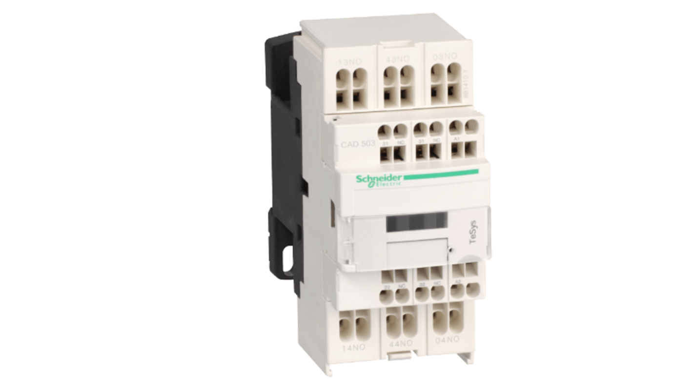 Relè di controllo Schneider Electric CAD503BL, 5 contatti NO, 10 A, 24 V c.c., montaggio su guida DIN, dimensioni 45 mm.