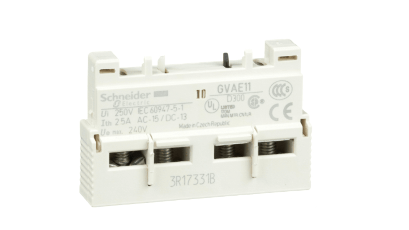 Blocco contatti ausiliari Schneider Electric GVAE11TQ, 2 contatti (1 N/C + 1 N/A), montaggio a sinistra, tensione 24-240 V.