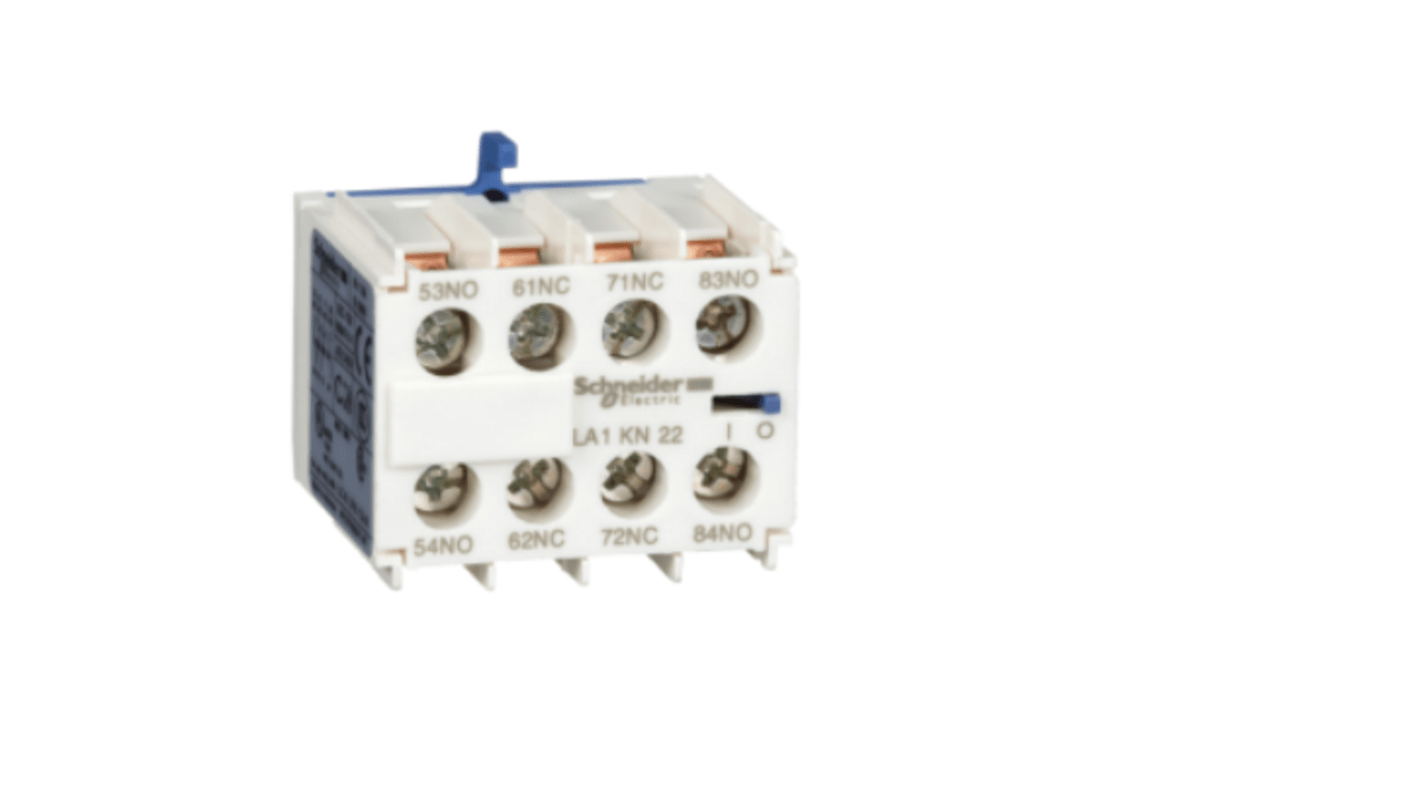Blocco di contatti ausiliari Schneider Electric LA1KN22M, 2NC + 2NO, montaggio a clip, corrente fino a 10A, tensione 690V.
