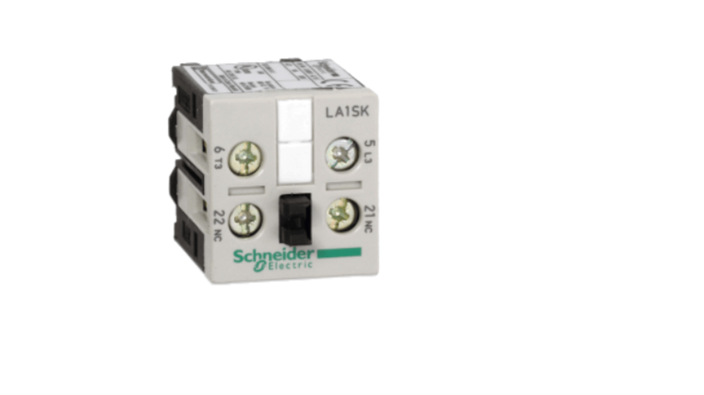 Blocco di contatti ausiliari Schneider Electric LA1SK01, 1 N/C + 1 N/A, montaggio su guida DIN, corrente 6 A, tensione 690 V.
