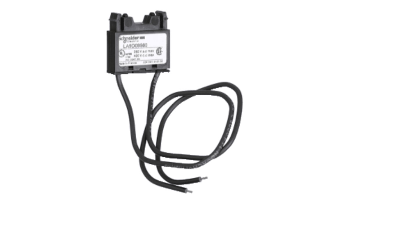 Soppressore di sovratensioni Schneider Electric LA9D09980 per circuito RC, montaggio senza utensili, tensione 110-240V c.a., limita a 3 UC max. Conformità Green Premium.