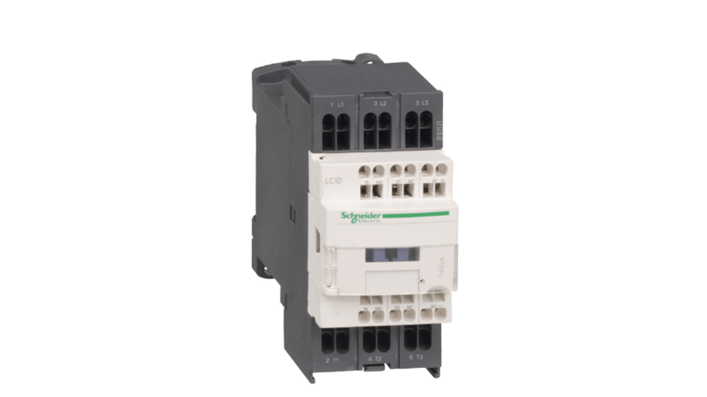 Contattore Schneider Electric LC1D253F7, 3 poli, 25 A, 110 V, montaggio su guida DIN, dimensioni 45 mm, operatività 3600 cicli/ora.