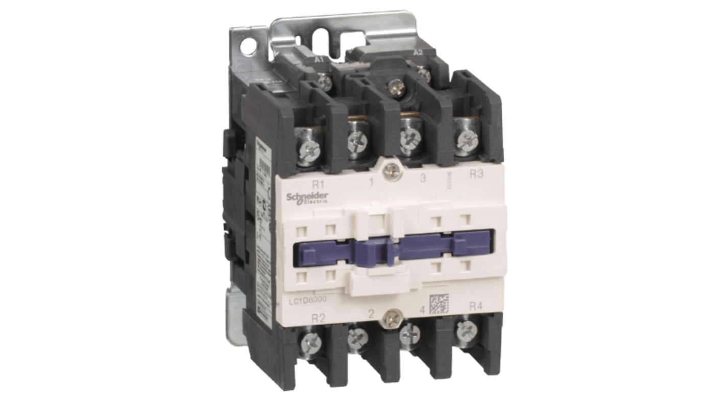 Contattore Schneider Electric LC1D80004U7, 4 poli, per carico fino a 125 A, montaggio su guida DIN, larghezza 96 mm.