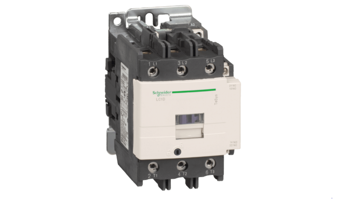 Contattore Schneider Electric LC1D95U7, 3 poli, 3 contatti NA, corrente 95 A, montaggio su guida DIN, dimensioni 85 mm.