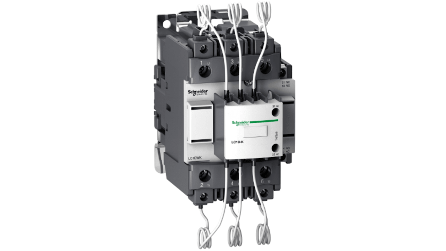 Contattore Schneider Electric LC1DWK12P7, 3 poli, 3 NA, bobina 230 V, per banchi di condensatori trifase fino a 63kVAR.