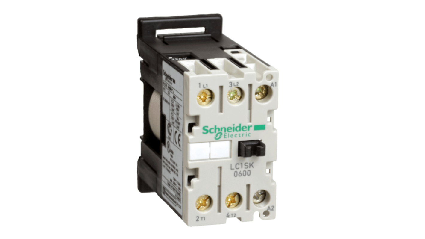 Contattore Schneider Electric LC1SK0600V7, 2 poli, 2 NA, per carichi fino a 12A/690V, bobina 400V, montaggio a morsetti.