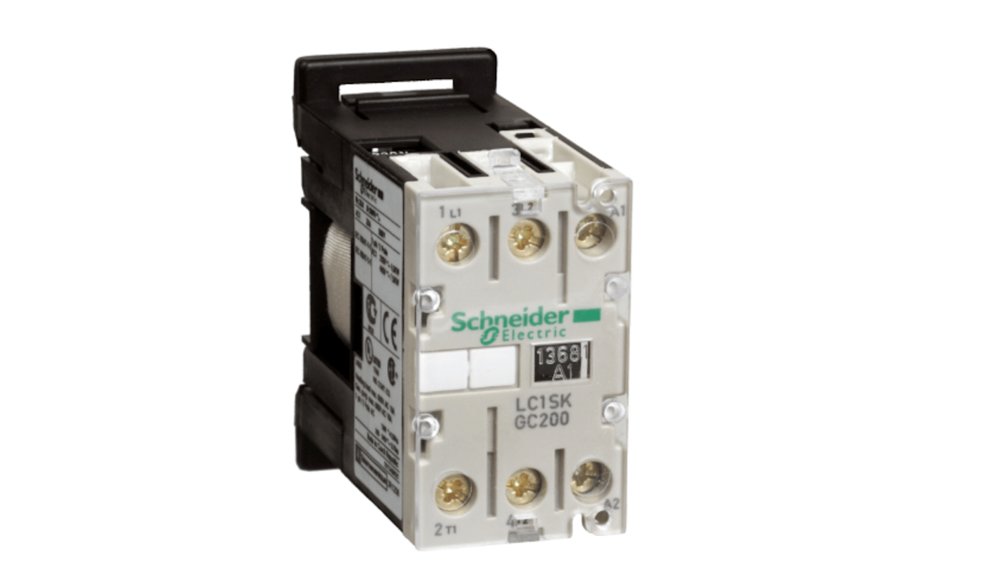 Contattore Schneider Electric LC1SKGC200B7, 2 poli, 2 NA, 5 A, bobina 24 V, montaggio a morsetti, temperatura -20/+50 °C.