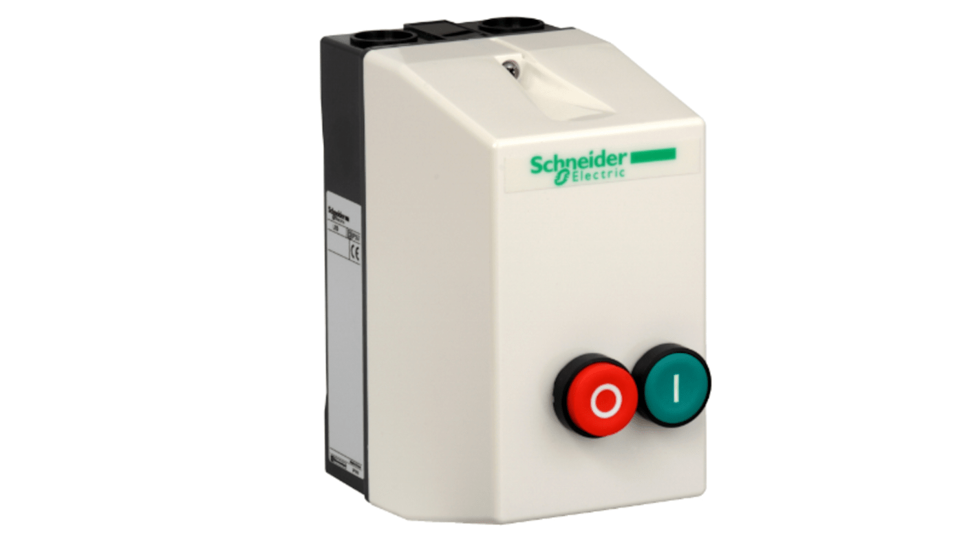 Starter DOL manuale Schneider Electric LE1D12N7, 3 kW, 12 A, IP65, montaggio superficiale, pulsanti di avvio e arresto.