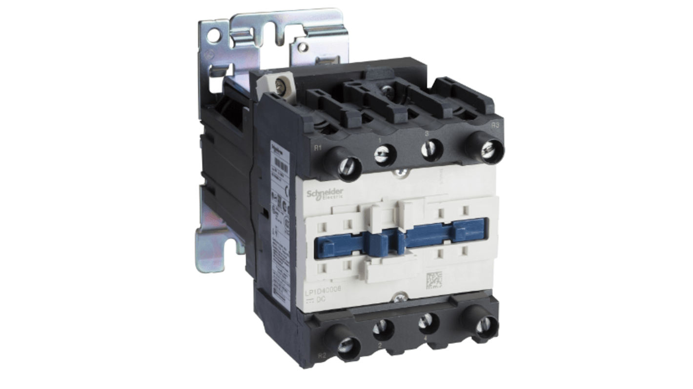 Contattore Schneider Electric LP1D40008BD, 4 poli, 2 NO + 2 NC, per carico fino a 60 A, tensione bobina 24 V, montaggio a morsetti.