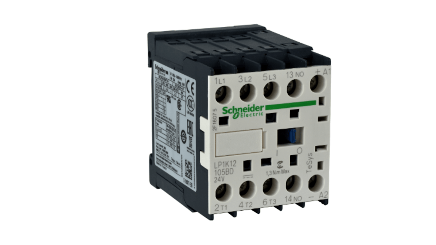 Contattore Schneider Electric LP1K090085BD, 4 poli, 2 NO + 2 NC, 20 A, 24 V, montaggio su PCB, dimensioni 58 x 45 x 57 mm.