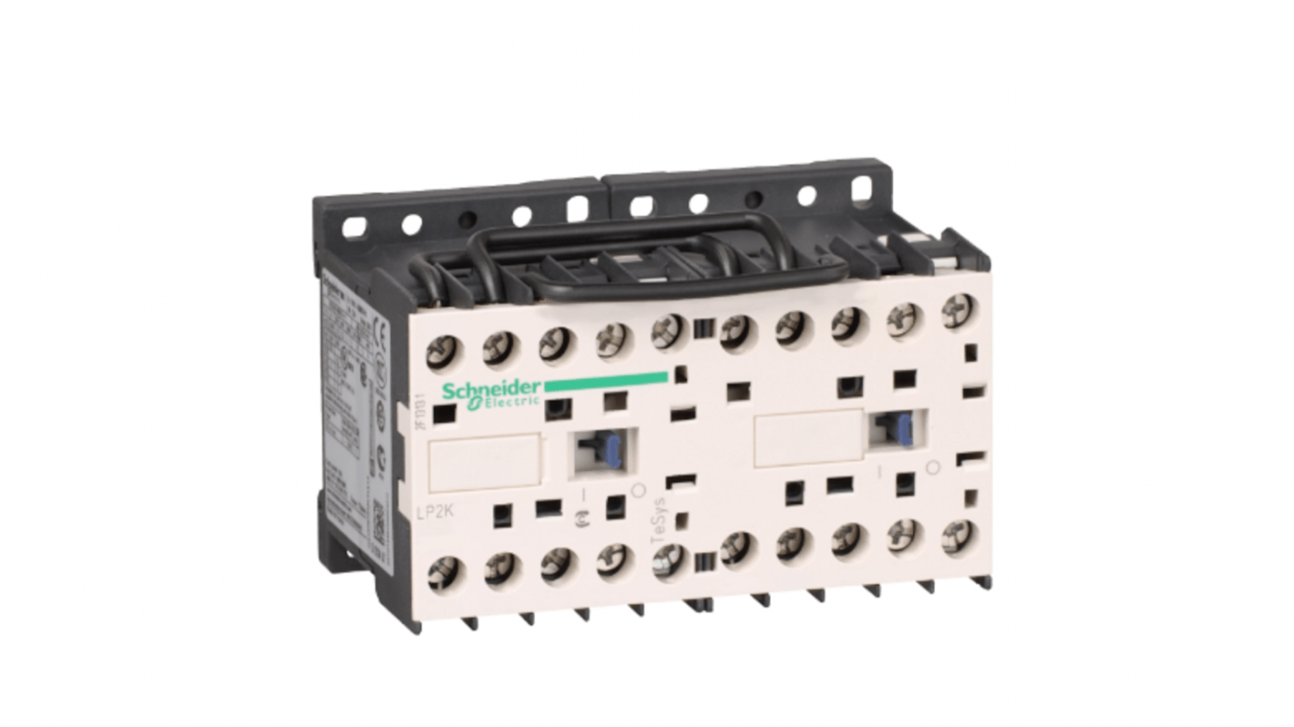 Contattore invertente Schneider Electric LP2K0601BD3, 3 poli, 3 contatti NA, 6 A, montaggio su guida DIN, larghezza 90 mm.