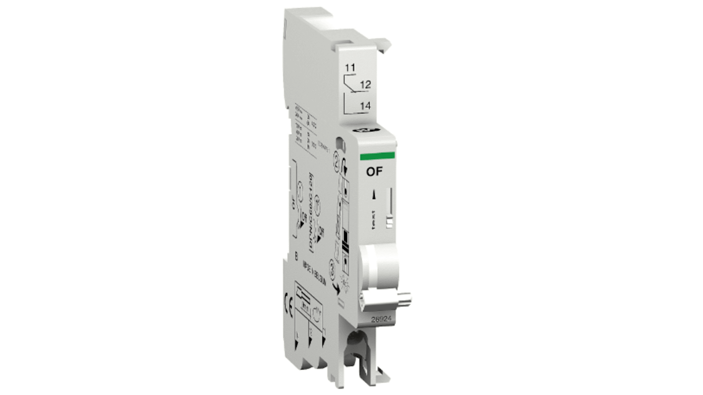 Contatto ausiliario Schneider Electric M9A26924, 1 contatto, montaggio su guida DIN, corrente 6 A, tensione 415 V.