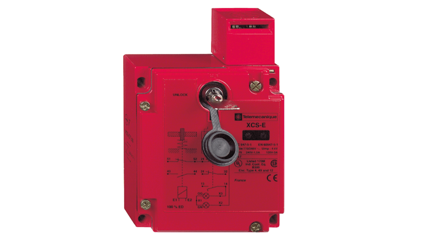 Interruttore di interblocco a solenoide Telemecanique Sensors XCS, custodia metallica, grado di protezione IP67, 2 contatti NC e 1 NO.
