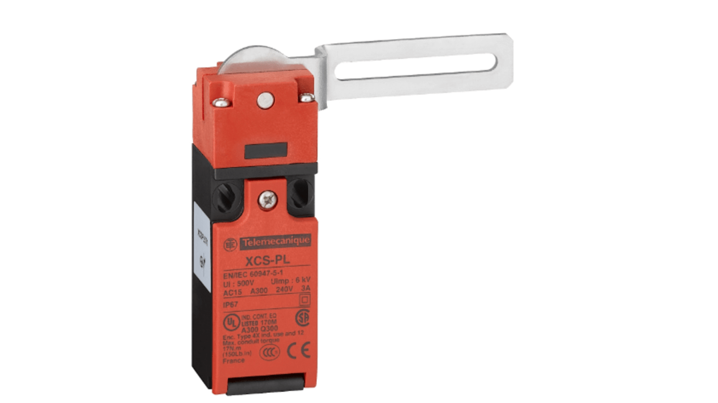 Interruttore di fine corsa Telemecanique Sensors XCSPL572 con leva a gomito rotante, 1NC/1NA, grado di protezione IP67.