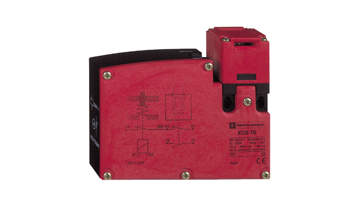 Interruttore di interblocco a solenoide Telemecanique Sensors XCSTE7342, 2NC, plastica, IP67, 230V, conforme a ISO 13849-1.