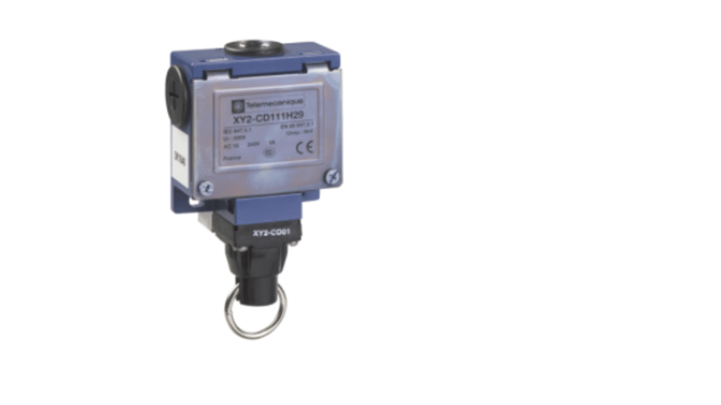 Interruttore a fune Telemecanique Sensors XY2CD111H29 per arresto di emergenza, con contatti NC e NO, corrente nominale 0,1 A a 600 V.