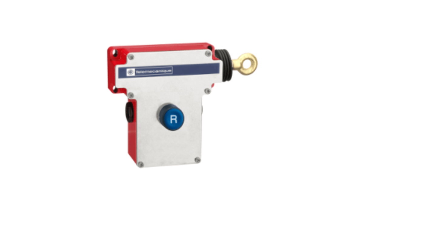 Interruttore a fune Telemecanique Sensors XY2CE1A150 per arresto di emergenza, con contatti NC e NO, corrente nominale 0,27 A a 250V.