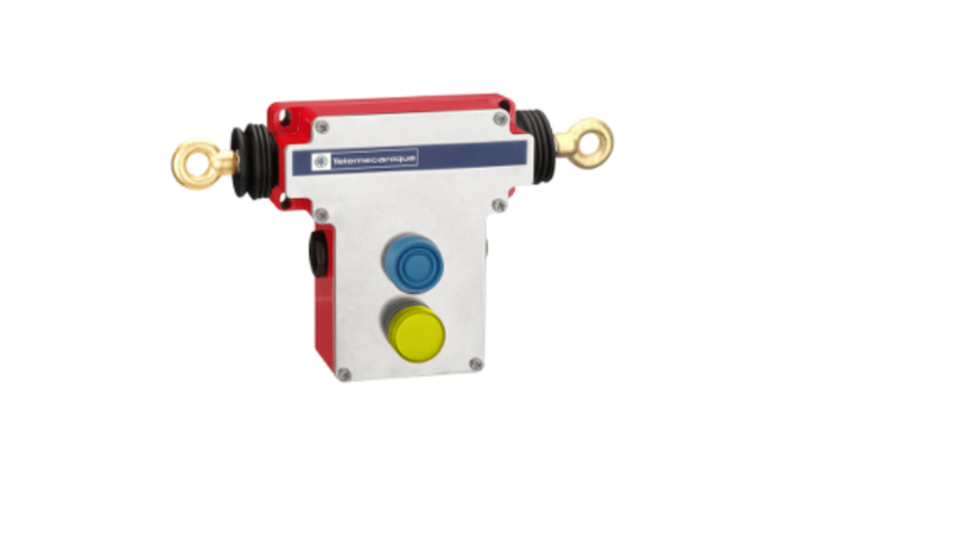 Interruttore a fune Telemecanique Sensors XY2CEDA296 per arresto di emergenza, attivabile in qualsiasi punto, compatibile con funi fino a 100 metri.