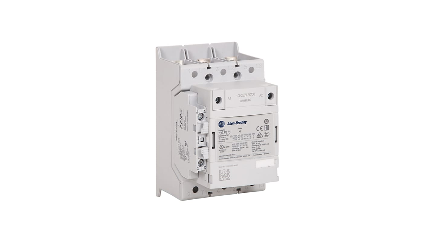 Contattore Rockwell Automation 100-E116EN11L, 3 poli, 1 NO e 1 NC, corrente 116 A, tensione bobina 250-500 V.