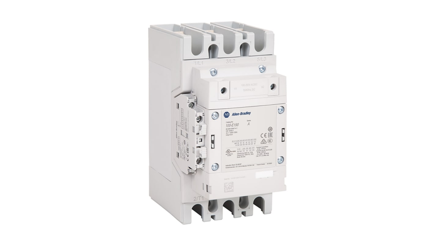 Contattore Rockwell Automation 100-E190EN11, 3 poli, 190 A, 1 N/C + 1 N/A, bobina 250-500 V, interfaccia PLC 24V.