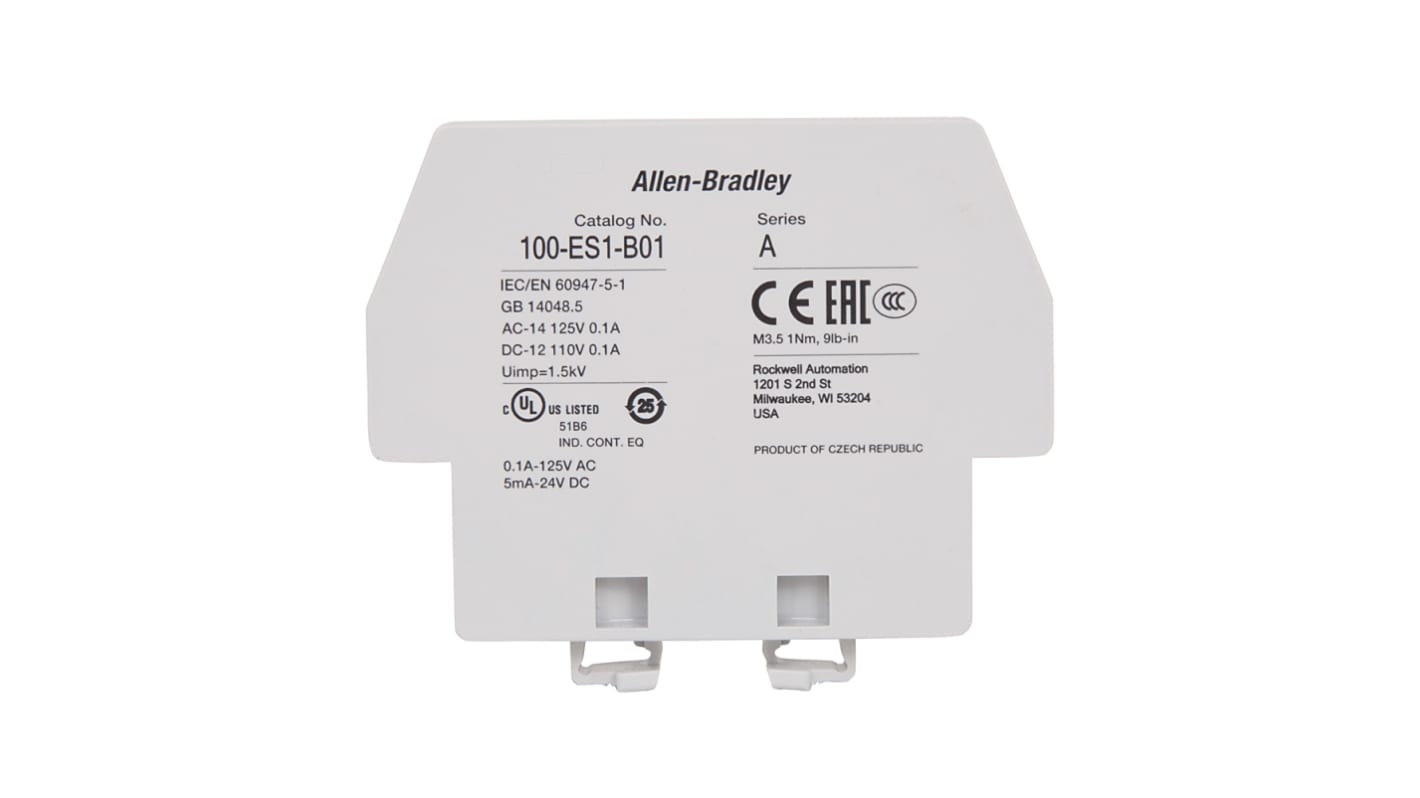 Contatto ausiliario Rockwell Automation 100-ES1-B01, 1NC, montaggio laterale, per commutazione a bassa potenza.