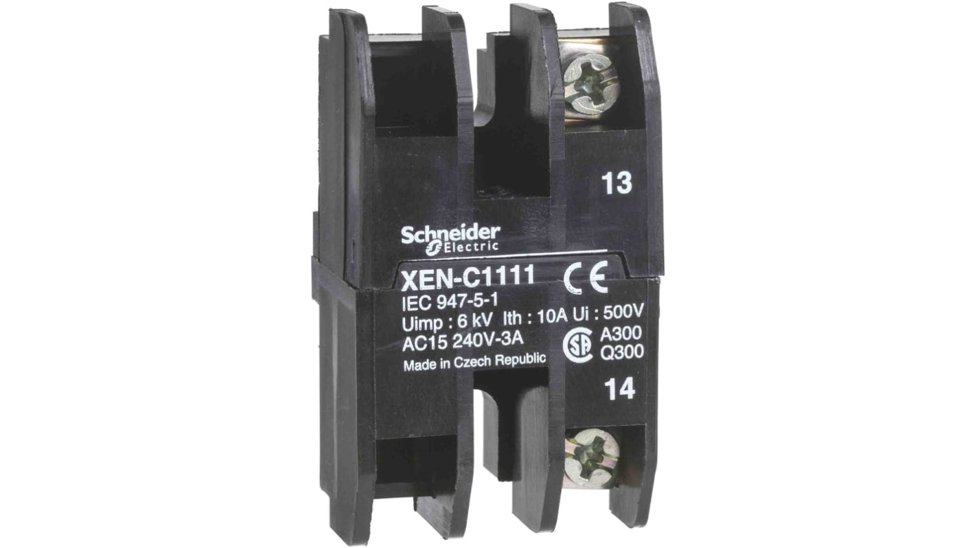 Blocco contatti Schneider Electric XENC1151, 1 NC + 1 NA, tensione 240V, terminale a vite, per attivazione circuiti elettrici.
