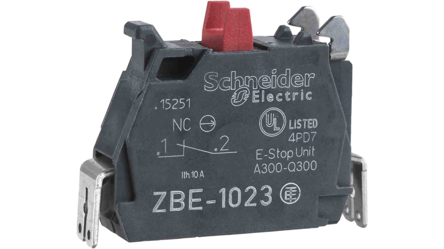 Blocco contatti pulsante Schneider Electric ZBE1023, compatibile con teste Ø22, con connettore Faston 1NC in lega d'argento.
