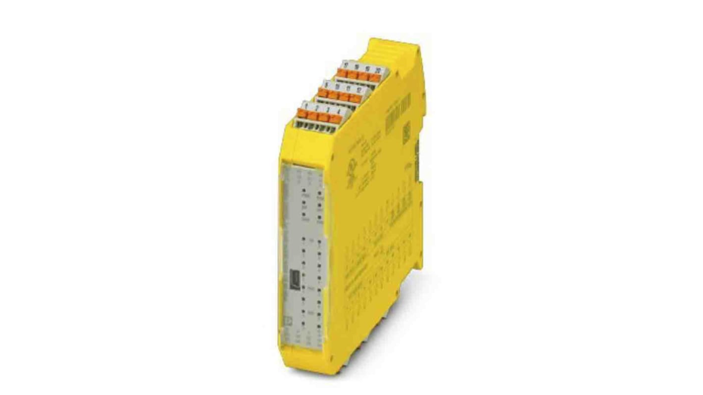 Modulo di sicurezza PSR Phoenix Contact 1104975 per controllo macchine. Configurabile, flessibile, con 9 ingressi e 12 uscite a 24V. Ideale per PL e SIL 3.